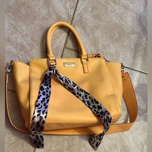 Yellow Leather Tote Bag with Leopard Scarf